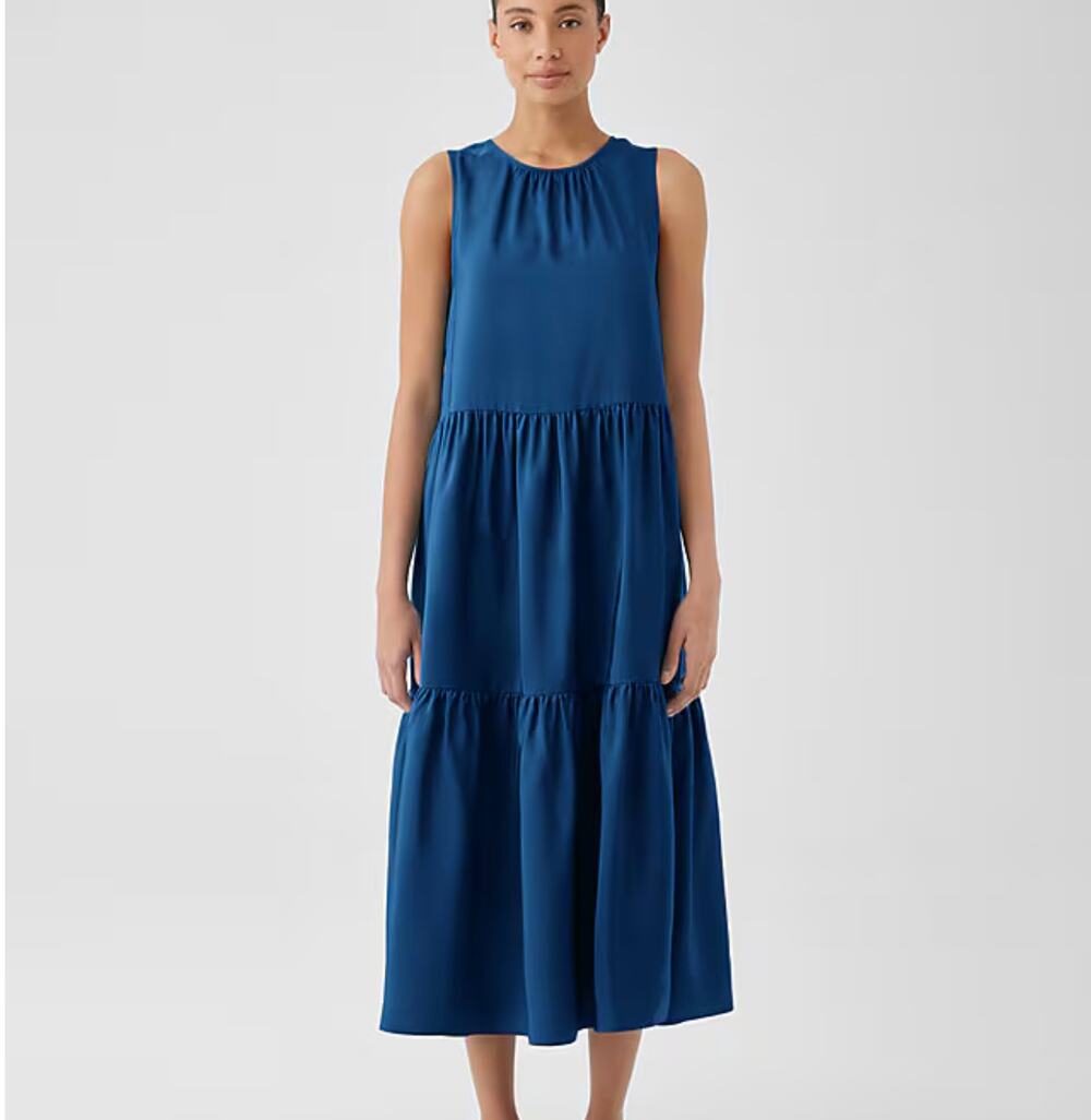 Eileen Fisher 2X Blue 100% Silk Tiered Maxi Dress Sleeveless Boho Lagenlook